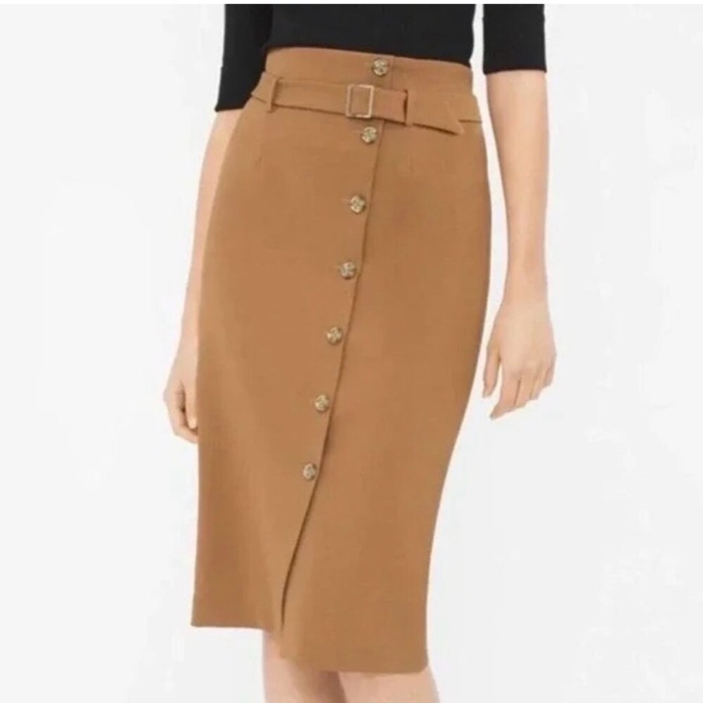White House Black Market Tan Pencil Midi Button Faux Front Skirt Size 0 XS
